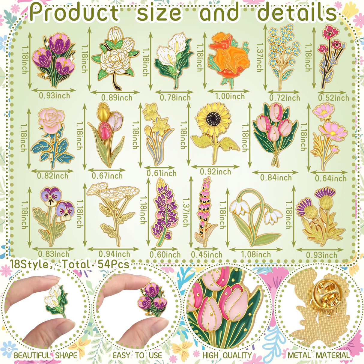 Tondiamo 54 Pcs 54 Pcs Enamel Pins Flower Enamel Pins Brooch, Wildflower