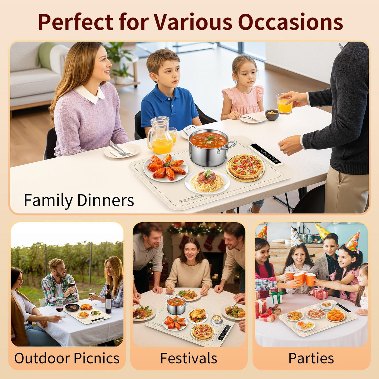 Warming Mat for Food - Electric Silicone Food Warming Tray for Buffet, Rollable Food Warmer Mat for Countertop, Fast Heating Mat with Timer and 4 Heat Levels, Portable Heating Pad for Parties Family