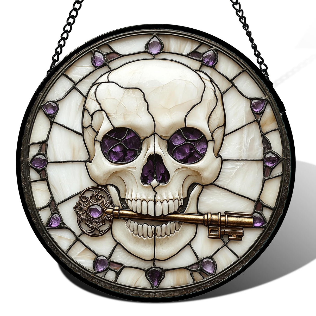 CRISGIF Stained Glass Window Hanging - Halloween Scary Skull Suncatcher for Doors Garden Home Spooky Purple Skeleton Key Sun Catchers Gothic Decor Horror Gifts for Women Men Friend Boy Girl 6.3 in