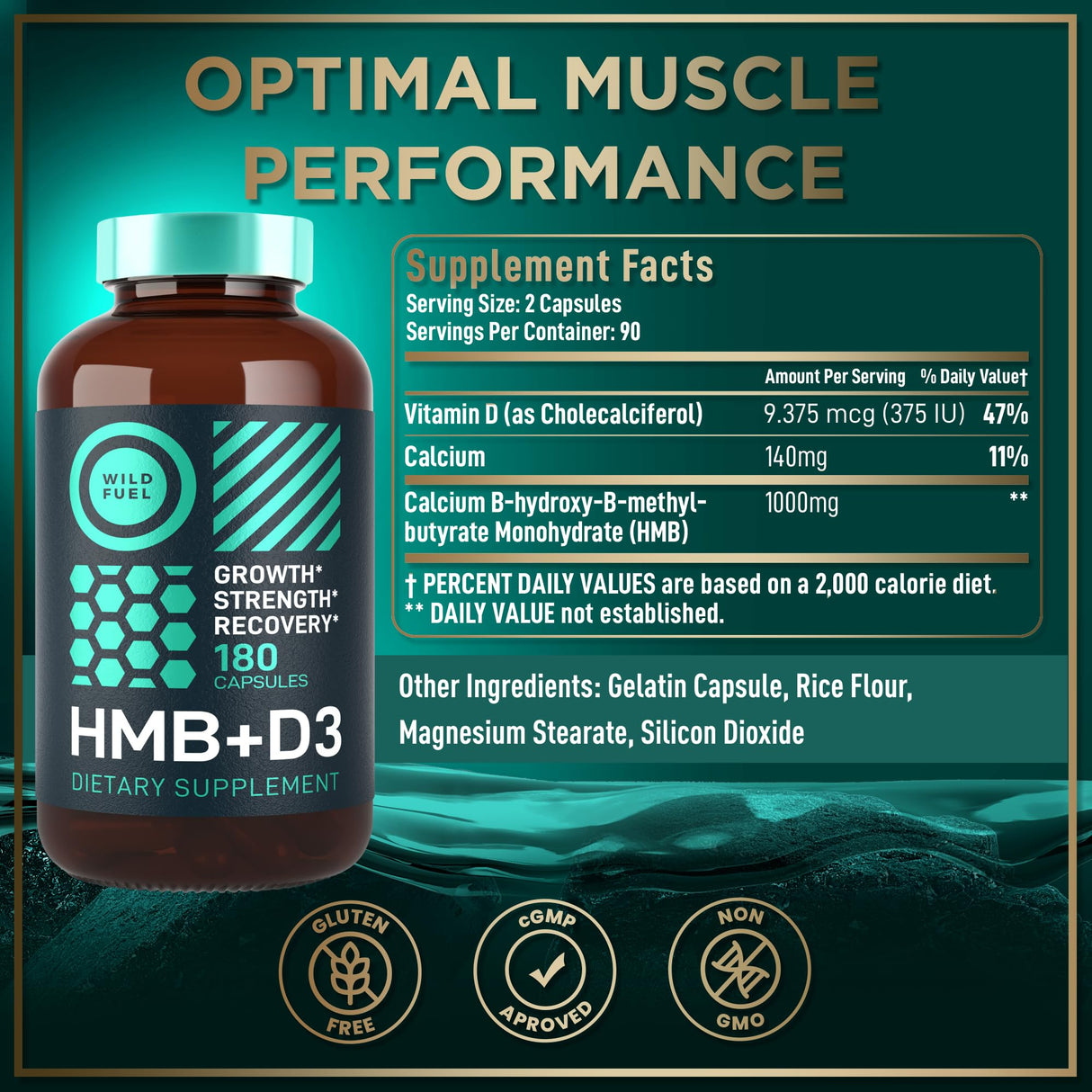 WILD FUEL HMB 1,000mg Per Serving, 90 Servings - Vitamin D3, Calcium Beta-Hydroxy Beta-Methylbutyrate HMB Supplements for Men & Women - Muscle Growth, Strength, Fast Workout Recovery - 180 Capsules