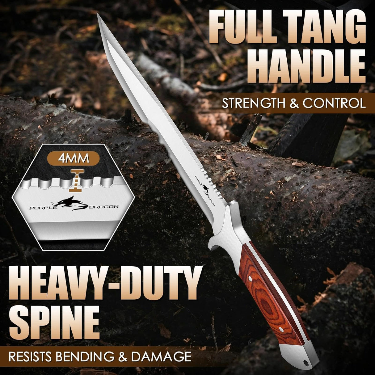 Purple Dragon Machete for Cutting Trees Heavy Duty for Bushcraft - Brown
