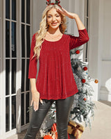 VALOLIA Women Blouses 3/4 Sleeve: Dressy - Sparkly Tops for Women - Ladies Christmas Flattering Blouse V Neck Casual Tunic Tops Loose Fit Layered Flowy Elegant Shirt Red XX-Large