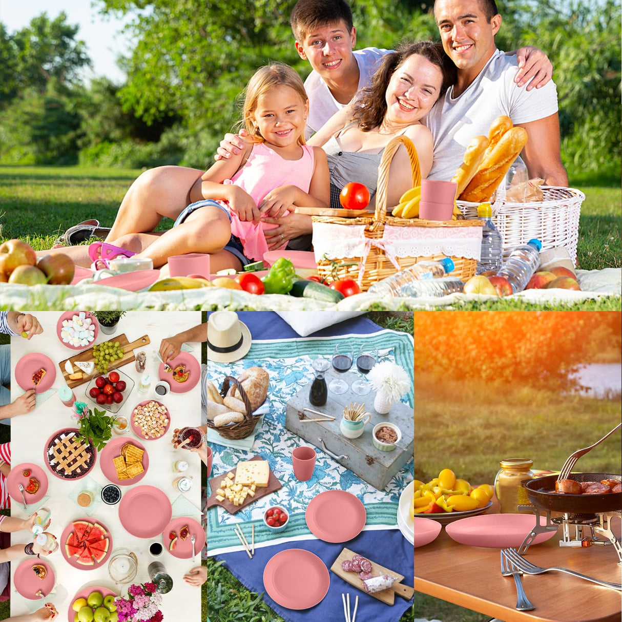 Gudvilla Pink Dinnerware Sets for 8,Pink Plates and Bowls Sets Plastic,Wheat Straw Dinnerware Sets Unbreakable Microwave Safe Lightweight,32 Pcs Christmas Dishes Set for Kids Elderly Kitchen Outdoor