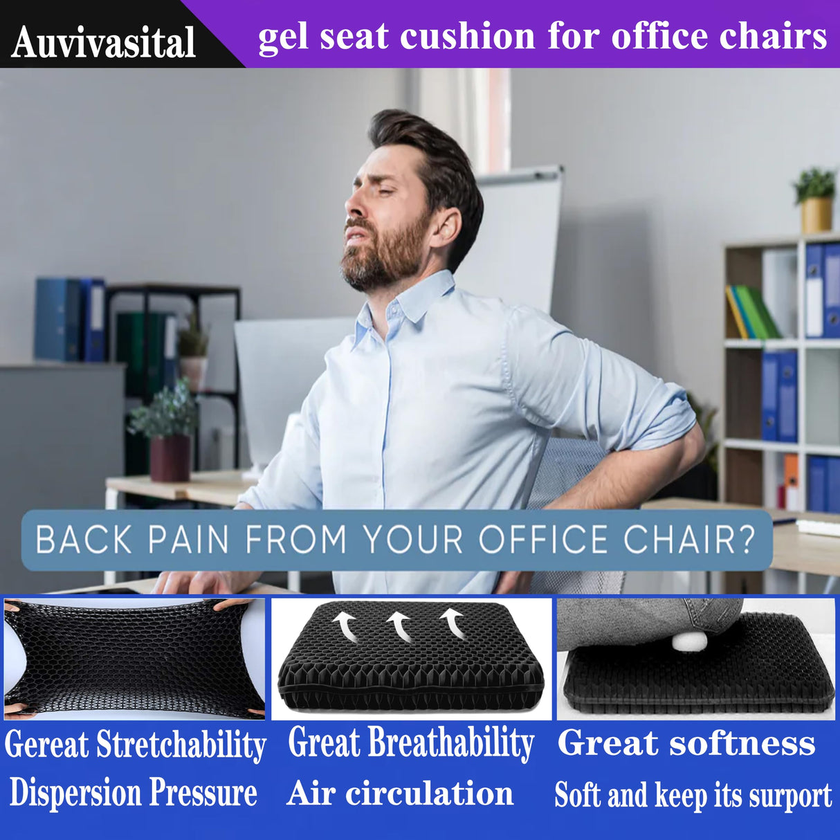 Plus Size Gel Seat Cushion for Long Sitting, Extra Large and Thick Pressure Relief Seat Cushion for Back, Hip, Sciatica, Tailbone Pain, Use for The Office, Car, Wheelchair, Stadium.(Black)