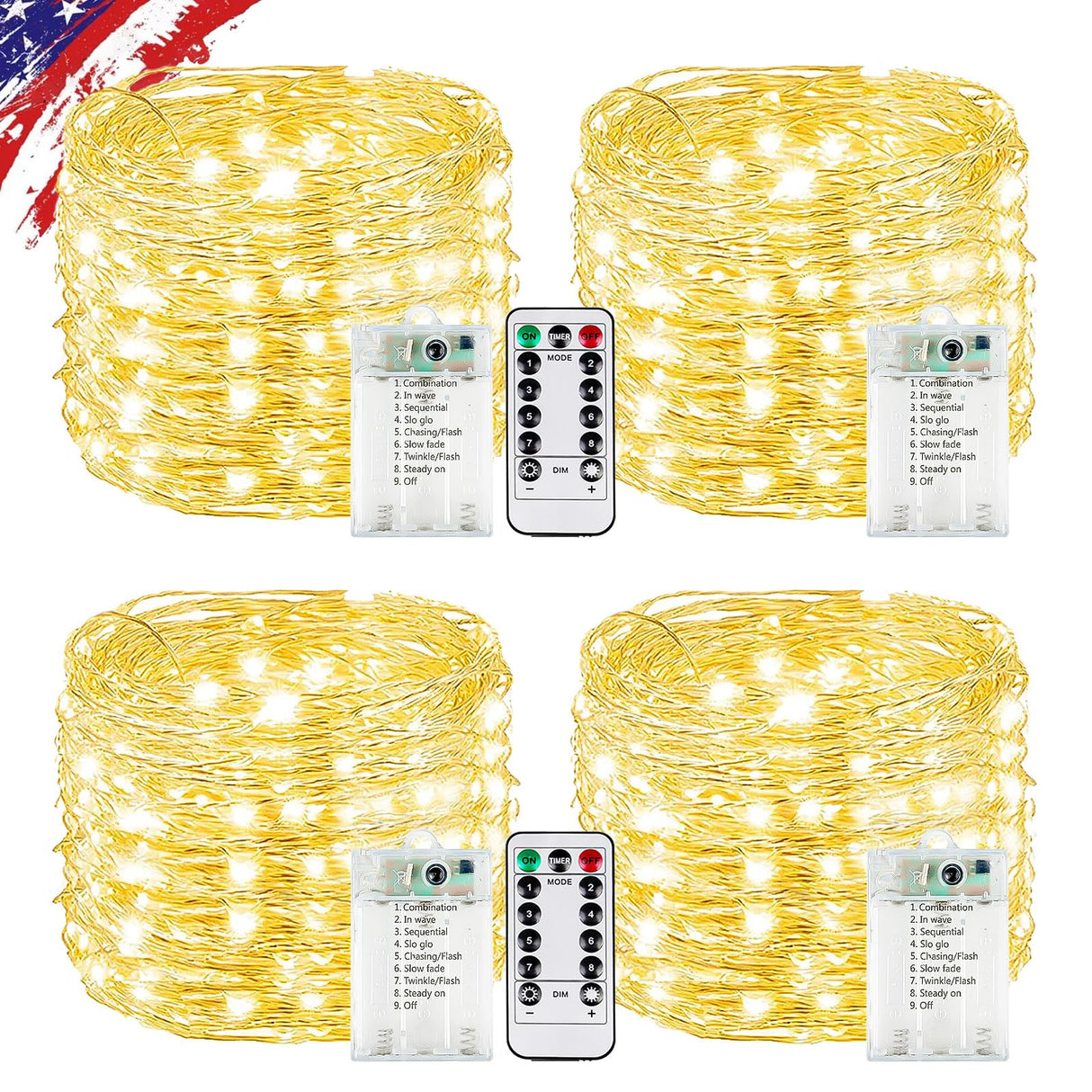 4Pack 80FT 240LED Fairy Lights Battery Operated with Remote & Timer | 8 Modes Twinkle String Lights Battery Powered Indoor Outdoor Waterproof for Bedroom Wedding Classroom Christmas Décor