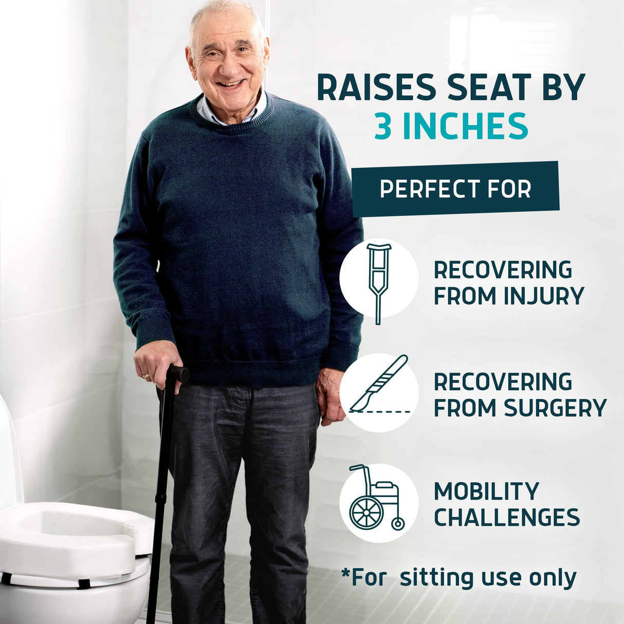 Lunderg Padded Toilet Seat Riser for Seniors - Adds 3 inches. Universal Fit - FIRM Raised Toilet Seat Cushion with High-Density Foam for Enhanced Comfort & Elevation. Post-Surgery Must have (White)
