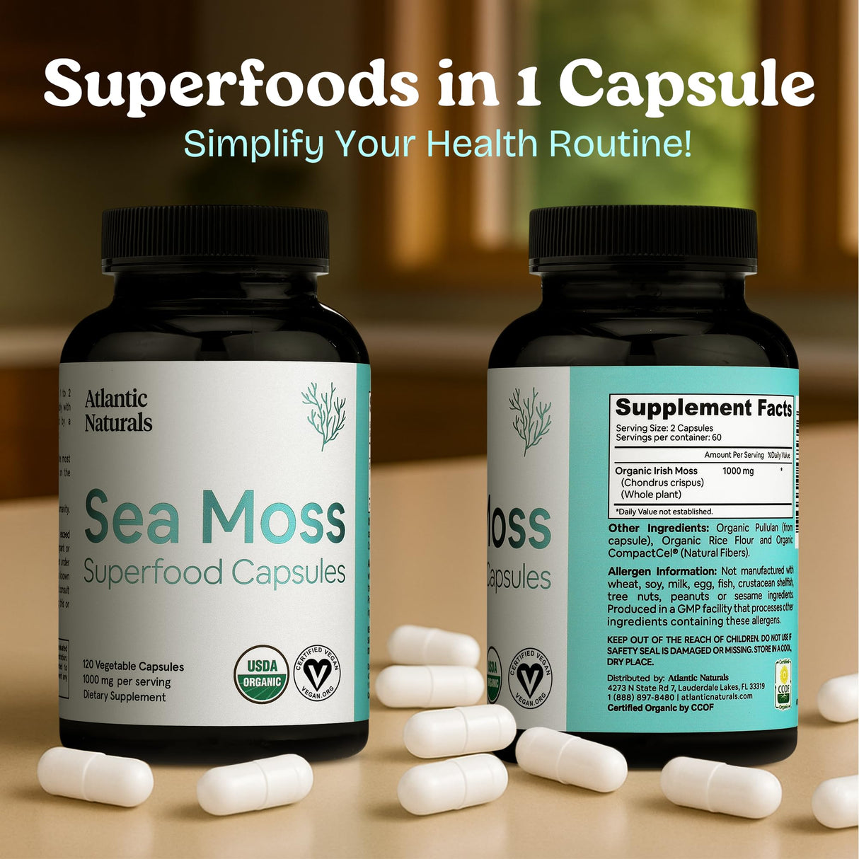 Atlantic Naturals Sea Moss Capsules with Moringa, Ashwagandha, Black Seed Oil, Ginger & Ginseng – Atlantic Sea Moss Supplements for Men and Women – for Daily Energy & Wellness Blend – 120 Count