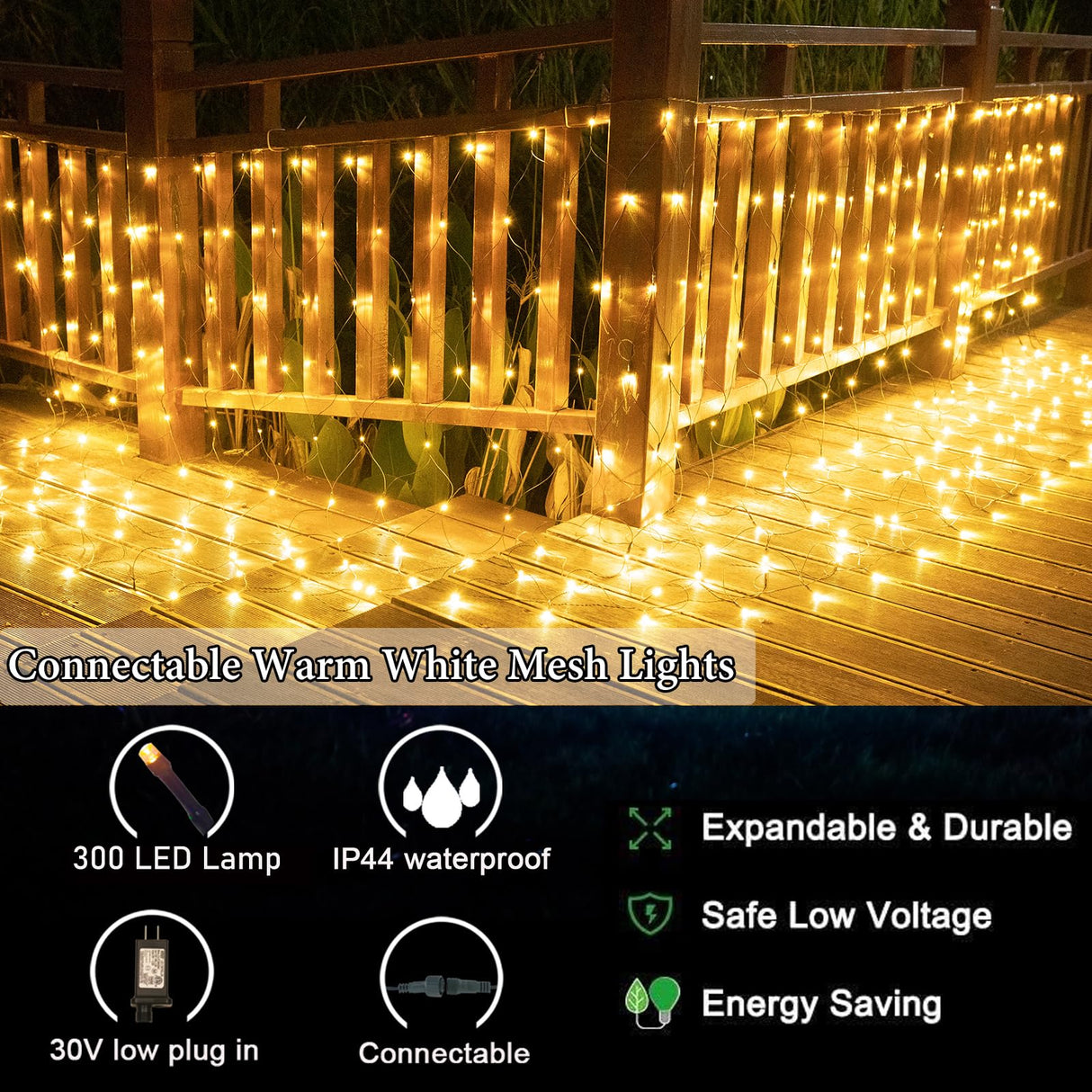 300LED Net Lights, 14.8ft x 5ft 8 Modes Connectable Christmas Outdoor String Mesh Lights, Waterproof Decorative Fairy Light Plug in for Xmas Tree Bushes Holiday Garden Wedding Party - Warm White