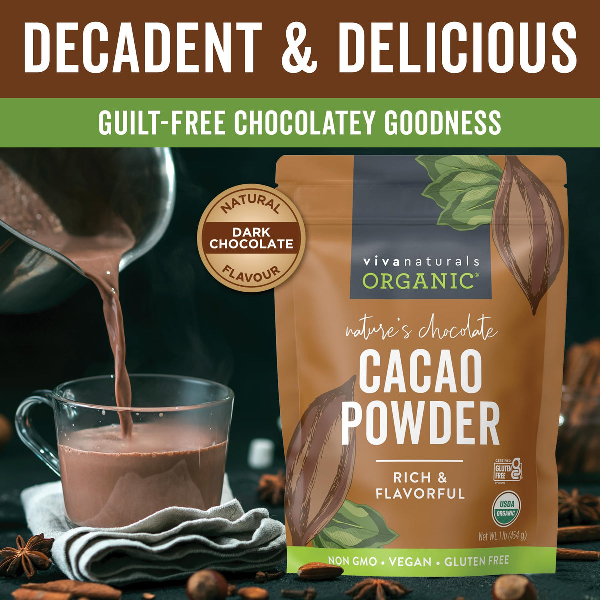 Organic Cacao Powder, Unsweetened, 1 lb (454 g) – Rich Dark Chocolate Flavor, Perfect for Baking, Smoothies & Hot Chocolate – Vegan, Keto, Paleo, Non-GMO & Gluten-Free Cocoa Powder