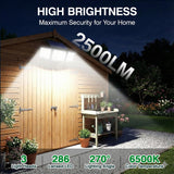Solar Outdoor Lights Motion Sensor, 2500LM 286 LED Security Flood Lights with Visual Battery & Mode Display, 3 Lighting Modes, IP65 Waterproof 3-Head Wide Angle for Garage, Yard, Patio (2 Pack)