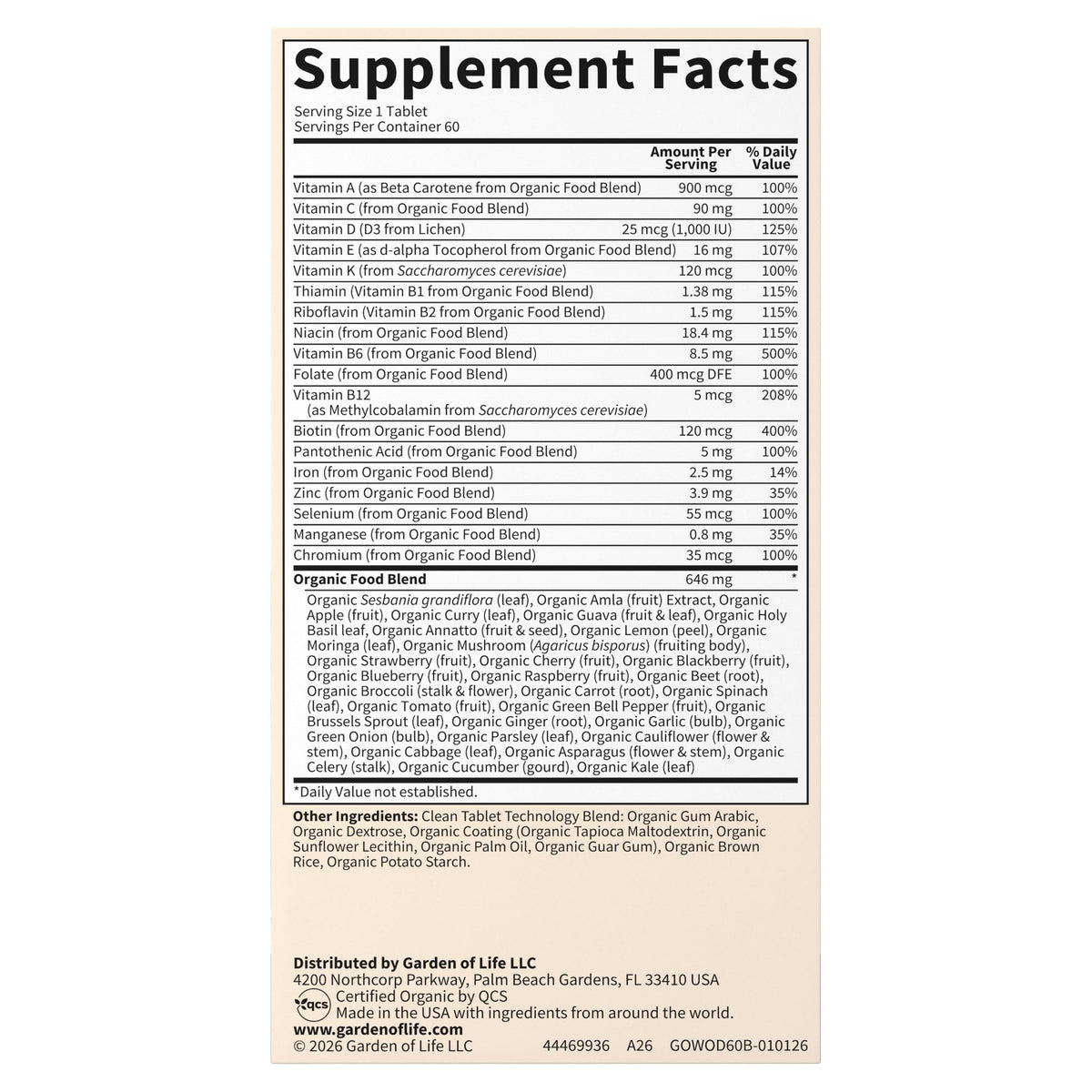 Garden of Life Organics Women's Once Daily Multivitamin, 60 Tablets