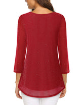 VALOLIA Women Blouses 3/4 Sleeve: Dressy - Sparkly Tops for Women - Ladies Christmas Flattering Blouse V Neck Casual Tunic Tops Loose Fit Layered Flowy Elegant Shirt Red XX-Large