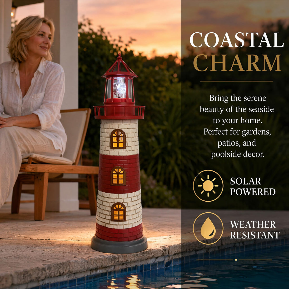 Large Garden Statues 23" Coastal Garden Decor for Outside - Lighthouse Solar Lights Outdoor Waterproof Patio Lawn Yard Decorations, Unique Housewarming Gift Garden Gifts for Family Friends (Red)