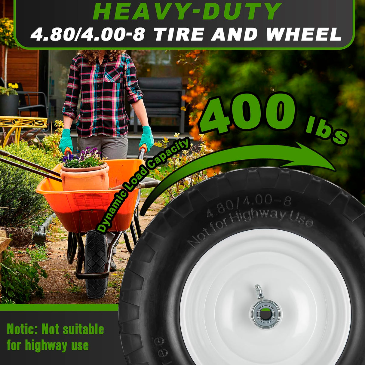 4.80/4.00-8 Tire and Wheel, 16" Flat Free Solid Wheelbarrow Tire with 5/8"&3/4" Bearings 3" Hub, 14"-16" Universal Fit Wheelbarrow Tires for Hand Truck/Garden Trailer/Trolley/Wagons