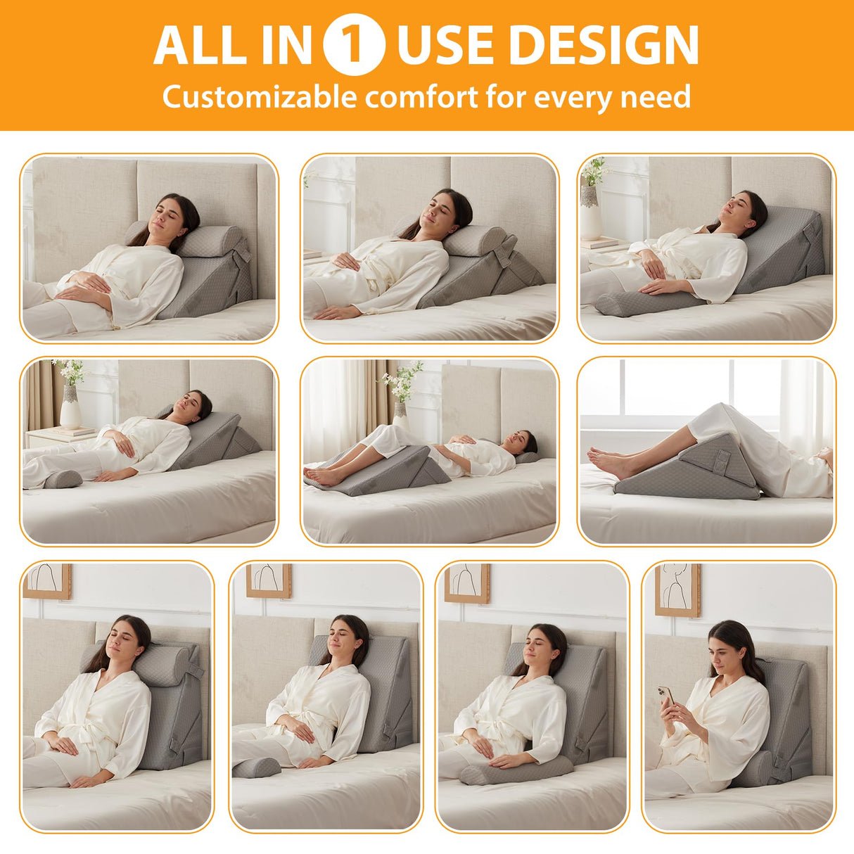 Ruqmuis 3PCS Wedge Pillow Set for After Surgery, Wedge Pillow Headboard, Adjustable 9&12 Inch Bed Pillow Wedge for Sleeping, Acid Reflux, Orthopedic Pillow Wedge for Back Pain Relief, Gerd, Grey
