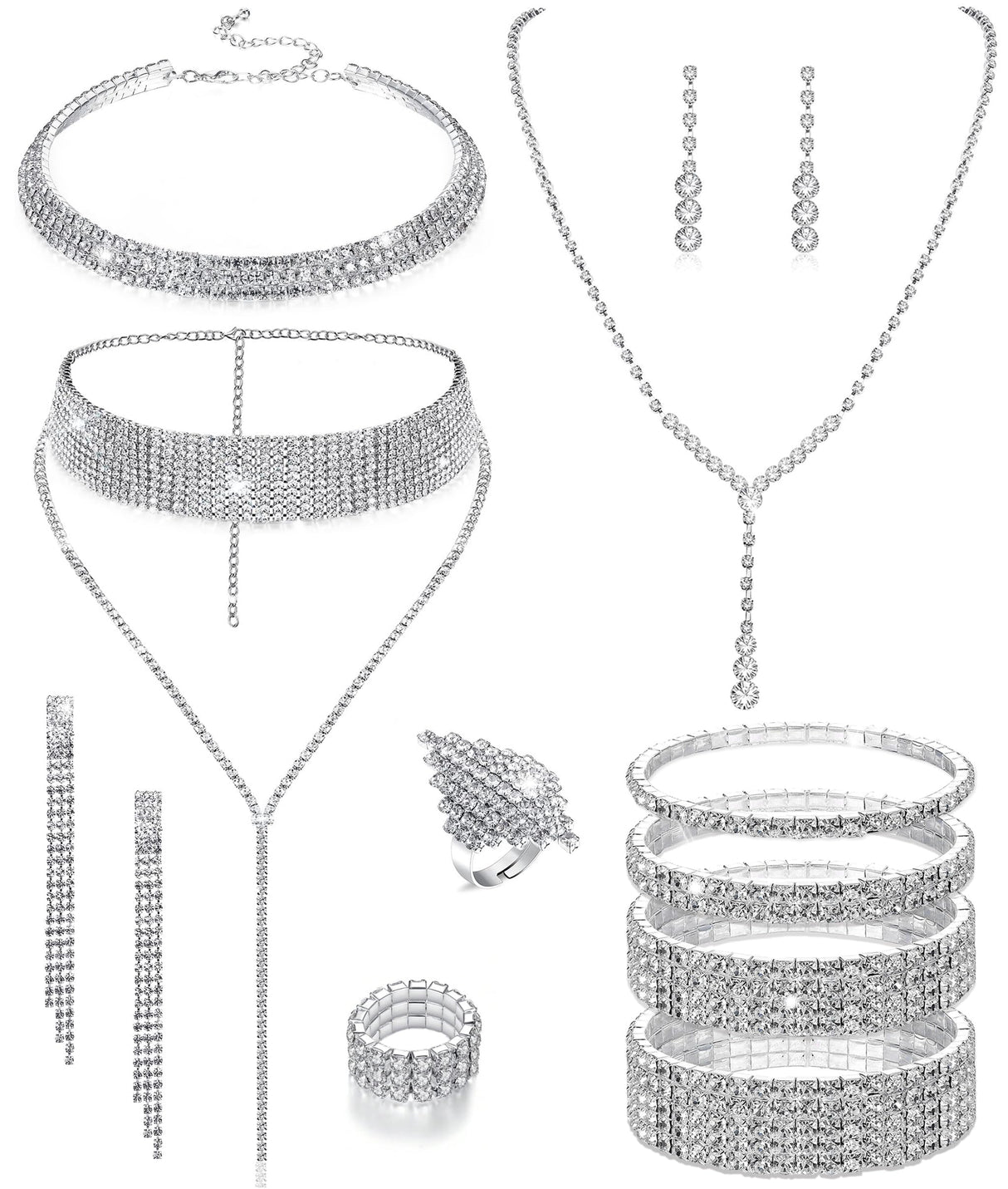 Vieyomn 13 Pcs Rhinestone Jewelry Set for Women Wedding Costume Jewels Crystal Necklaces Tennis Bracelets Rings Earrings Set for Wedding Bride Party Accessory