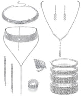 Vieyomn 13 Pcs Rhinestone Jewelry Set for Women Wedding Costume Jewels Crystal Necklaces Tennis Bracelets Rings Earrings Set for Wedding Bride Party Accessory