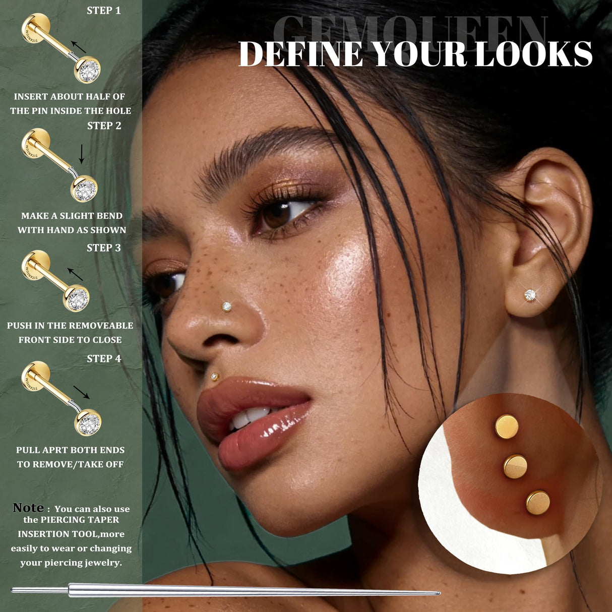 GEMQUEEN G23 Titanium Flat Back Earrings Hypoallergenic : 14K Gold Plated Threadless Bezel Earring 16G Cartilage Helix Tragus Conch Piercing Jewelry Small Nose Lip Labret Studs for Women Men 4 Pairs