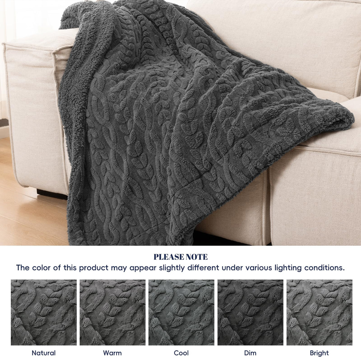 PHF Fluffy Sherpa Blanket Queen Size for Winter, Warm and Soft, 510GSM 3D Jacquard Thick Shaggy Fleece Plush Blanket for Sofa Bed, Dark Grey, 90"x90"