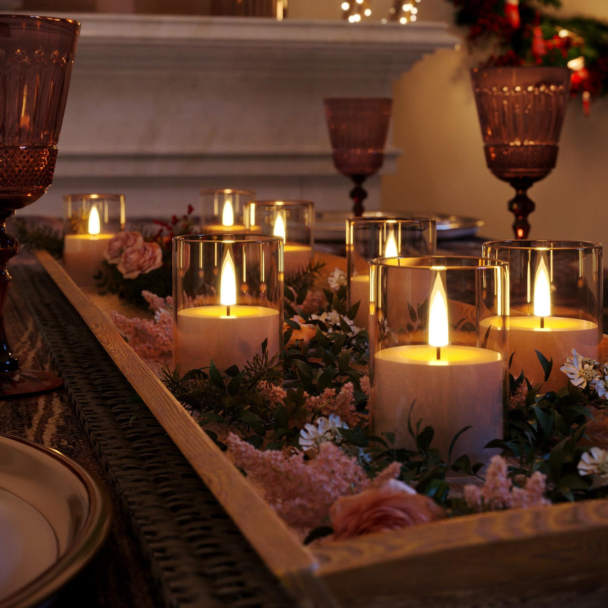 VIODAIM 6Pack Flickering Flameless LED Candles with Timer, Battery Powered - Small Pillar & Votive, Green (2"X3")
