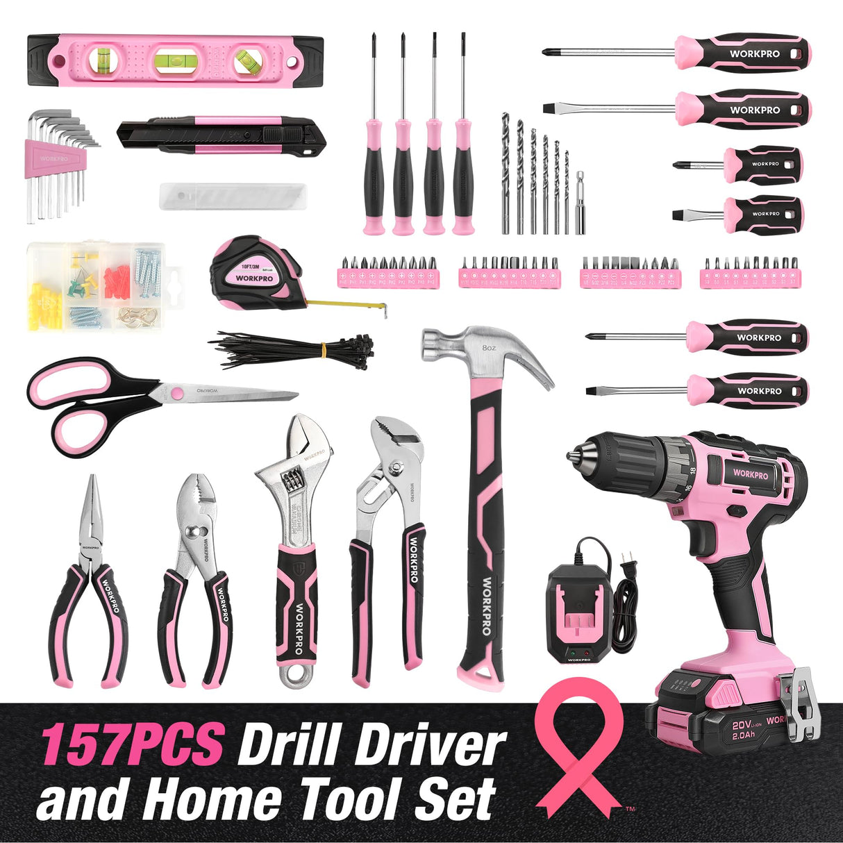 WORKPRO Pink Drill Set for Women, Tool Kit with 20V Cordless Lithium-ion Drill Driver, Pink Tool Set, Lady's Repairing Kit with 14-Inch Storage Bag, 157PCS