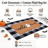 Halloween Door Mat Combo Set, Welcome Ghost Coco Coir Welcome Doormat + 28" x 43" Black and White Plaid Rug, Autumn Halloween Front Porch Entryway Decor Floor Mat