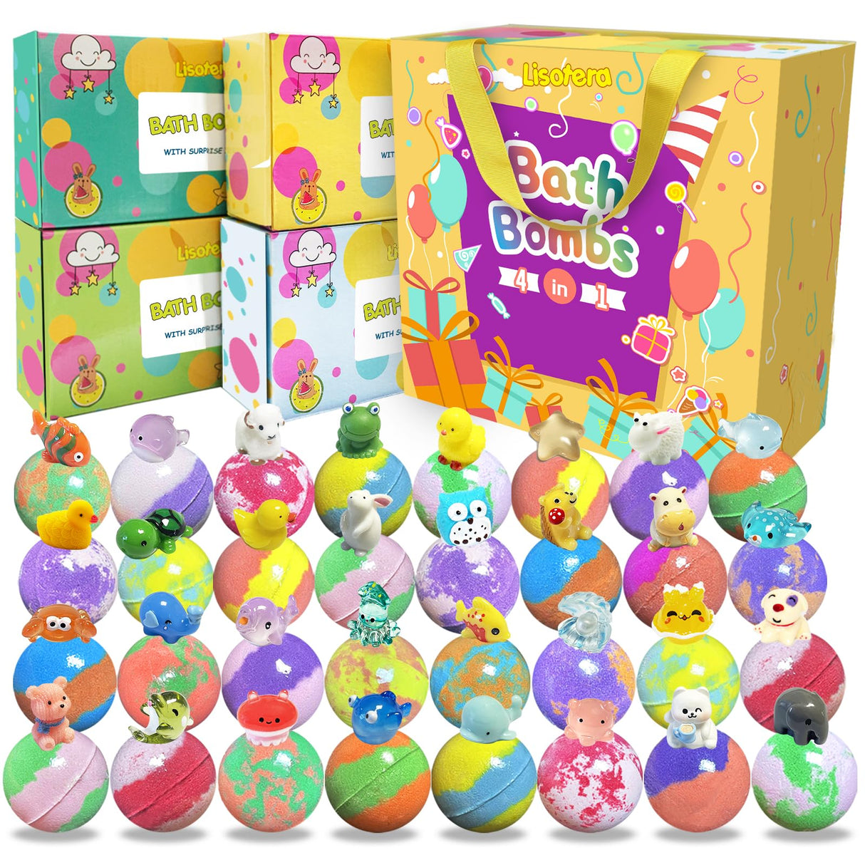 Bath Bombs for Kids with Surprise Inside, 32 Pack Bath Bombs with Land & Sea Animal Toys, Handmade Fizzy Bubble Children Bath Ball Gift Set for Kids Birthday, Christmas, Mothers Day Gifts for Daughter