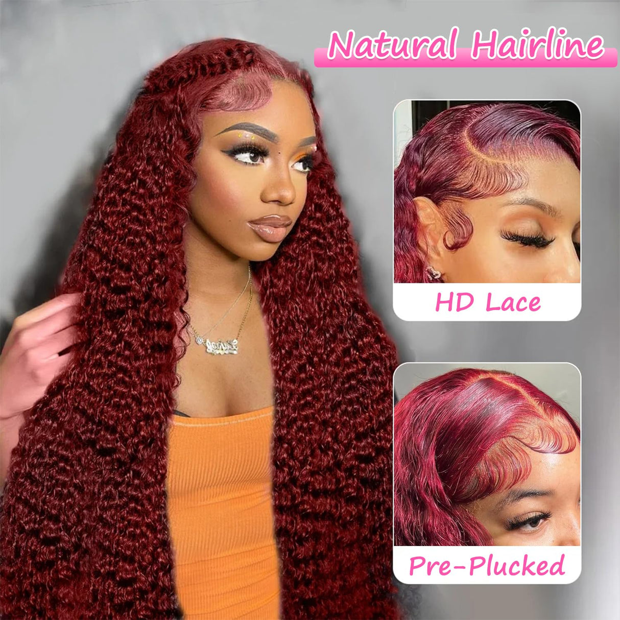 99j Burgundy Lace Front Wigs Human Hair 30 Inch 200 Density 13x6 Deep Wave Lace Front Wigs Human Hair Pre Plucked Red Curly Human Hair Wig HD Frontal Glueless Colored Wet And Wavy Loose Deep Wave