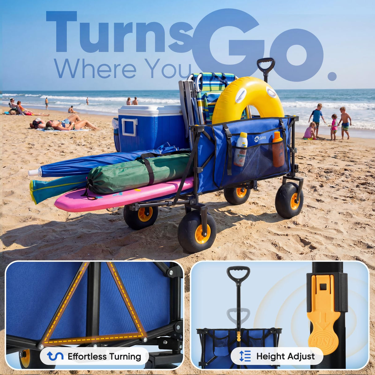 Sekey Heavy Duty Beach Wagon with 9" Big Sand-Proof Wheels, 300L Oversized Foldable Beach Cart with Cooler| Adjustable Handle & Balloon Tires for Sand, Camping,Vacation