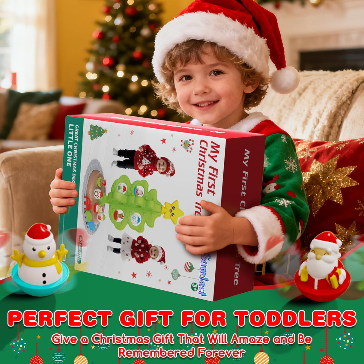 Surelect My First Christmas Tree for Toddlers, Montessori Christmas Decoration Toy with Ornaments, Mini Train Set, Roly Poly Toys, Finger Puppets, Birthday Xmas Gifts for Little Kids Boys and Girls