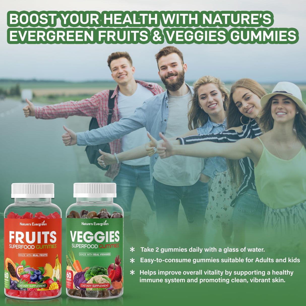 Fruits and Veggies Superfood Gummies Supplement - Fruits and Vegetables Gummy - Nature Vitamins Nutritional Balance, Vegan, Non-GMO, Gluten-Free - (Total 120 Gummies - Pack of 2) Made in USA