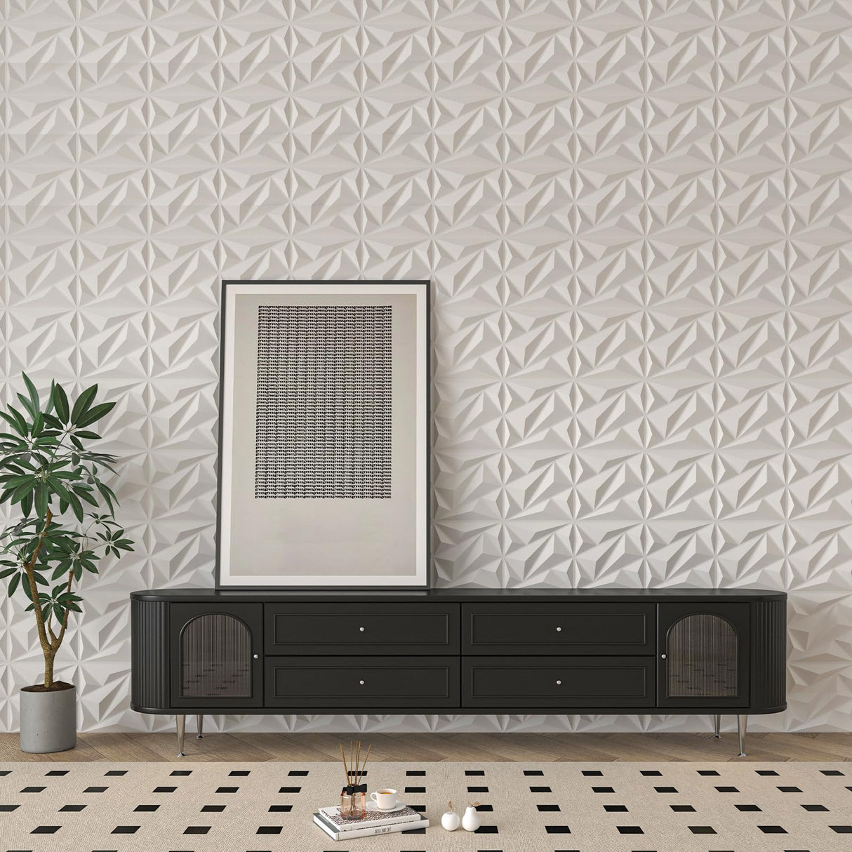 Art3dwallpanels 50 Pack 3D Wall Panel Diamond for Interior Wall Décor, PVC Flower Textured Wall Panels for Living Room Lobby Bedroom Hotel Office, White, 12''x12''
