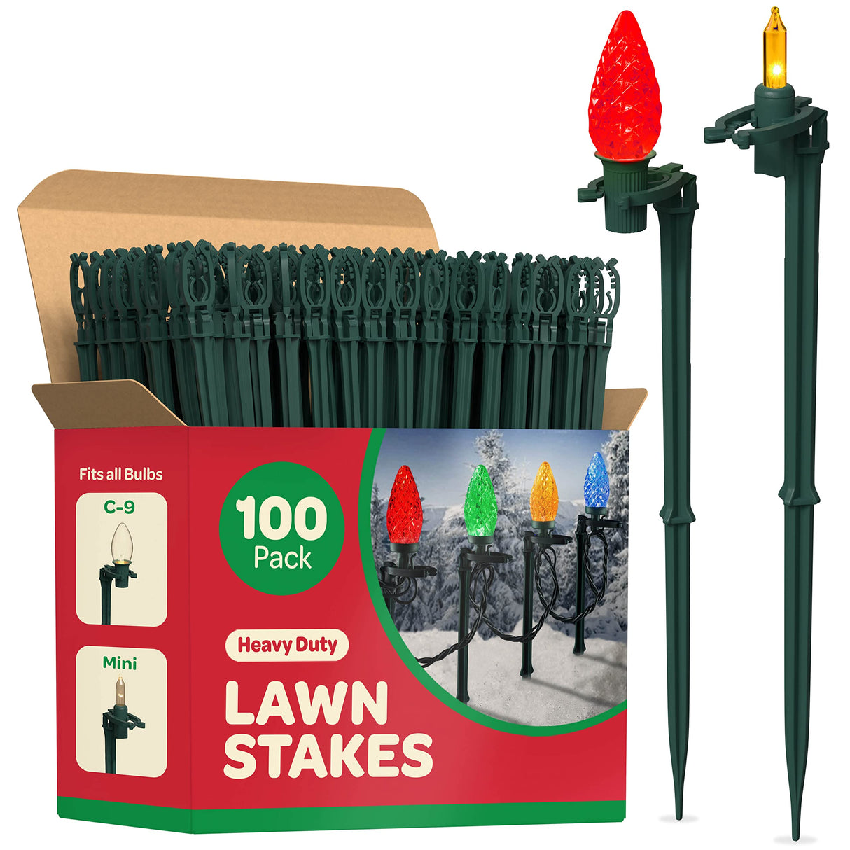 Christmas Light Yard Stakes [Set of 100] Outdoor Light Stakes - 8.5" Tall - Universal Christmas Pathway Lights On Yards, Driveways - Christmas Yard Stakes - USA Made