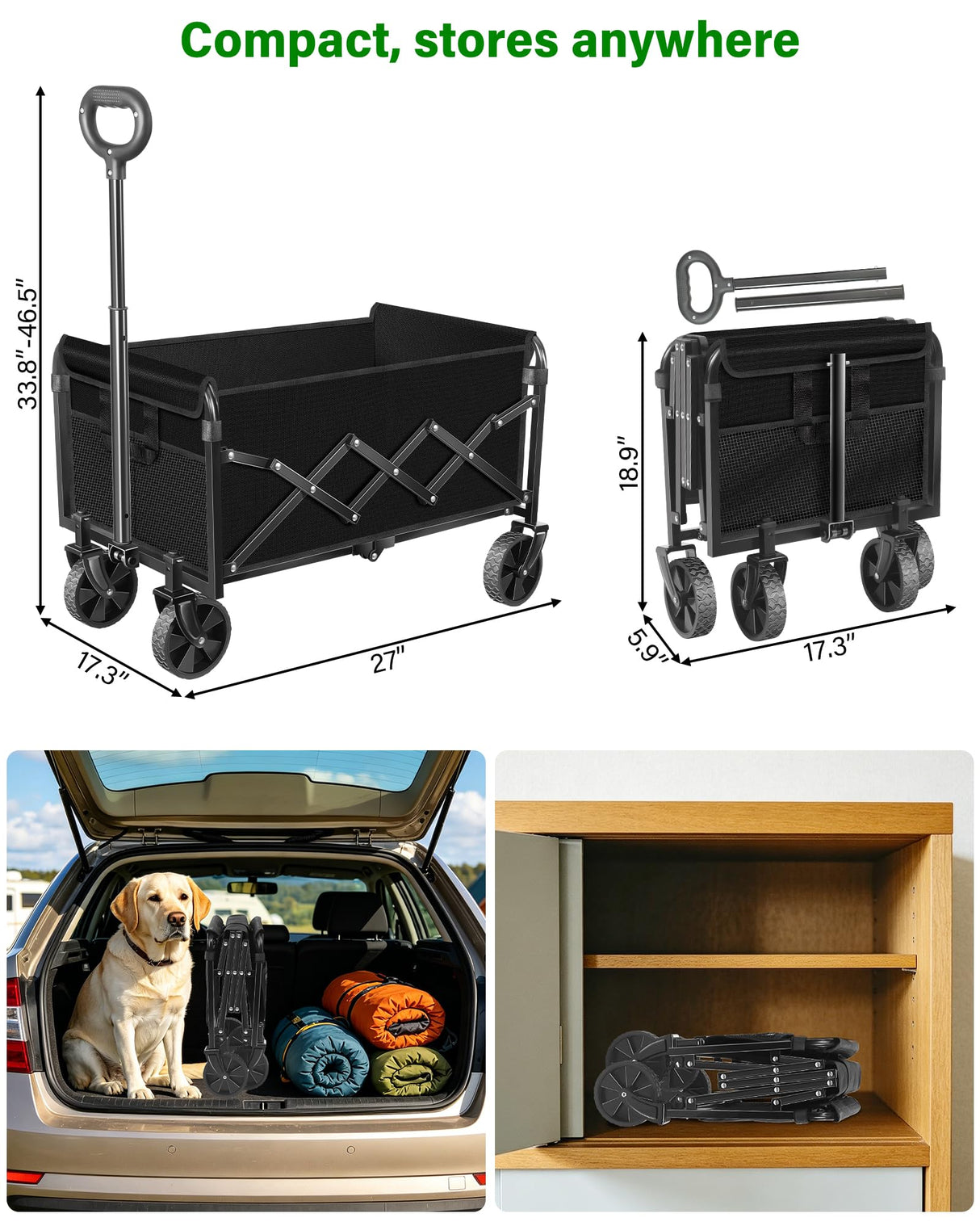 Collapsible Wagons Carts Foldable Wagon, Foldable Wagon Cart with Wheels, Folding Wagons for Beach Camp Sports Garden, 2 Cup Holders/Lightweight Portable/Black/280 LBS