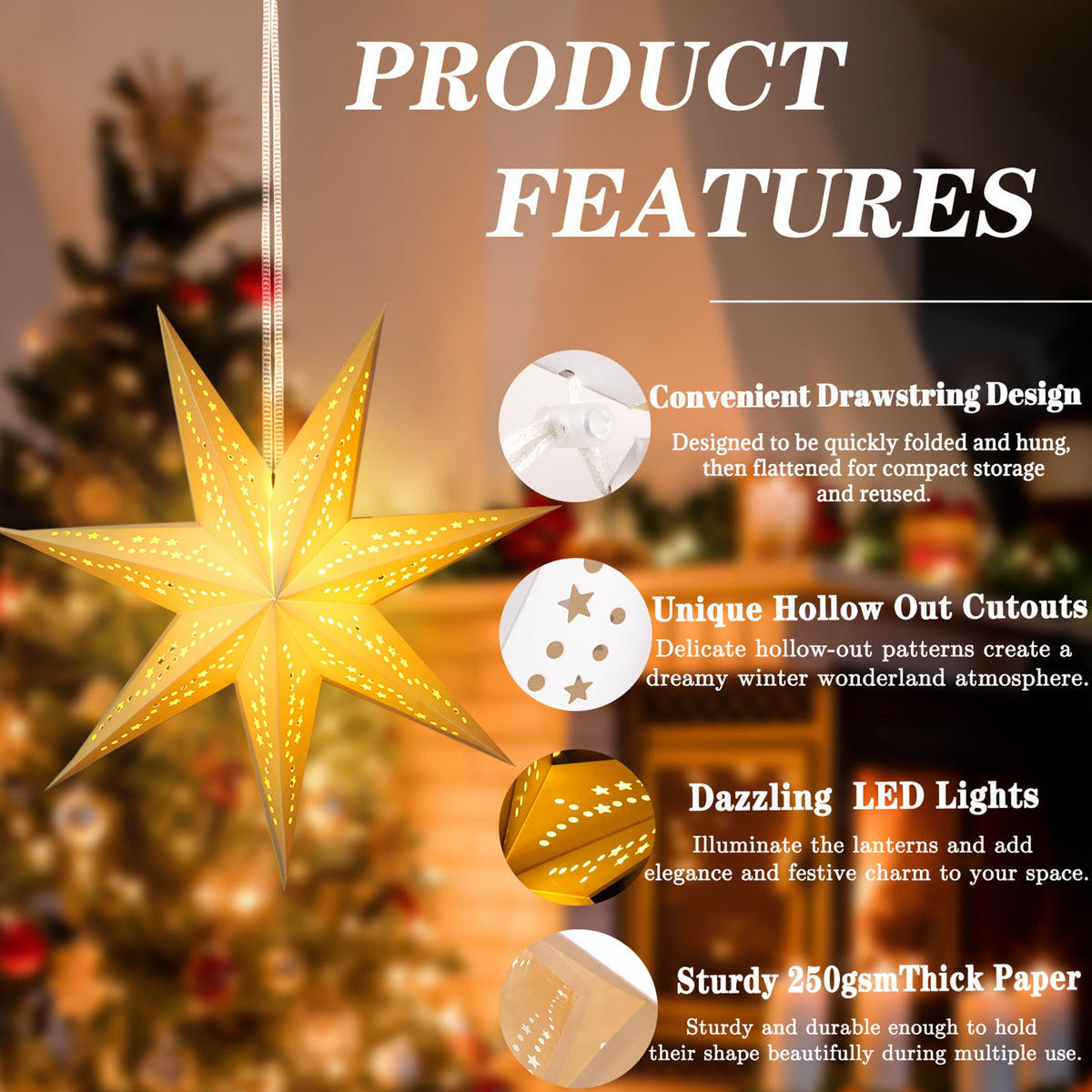 Paper Star Lanterns with Lights, Christmas Hanging Decor Indoor, 3-Pack