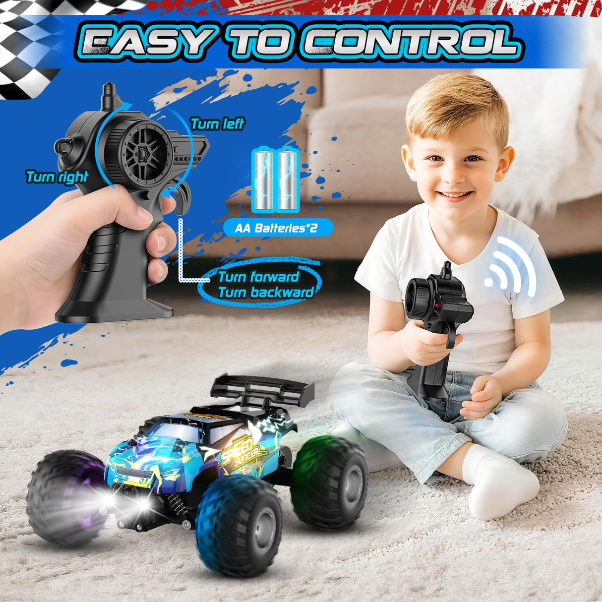 Remote Control Car, 1:18 2WD Off-Road RC Truck 20 KM/H, All-Terrain RC Cars with Headlights, BodyLights, 2.4GH Rechargeable Remote Control Monster Truck, Christmas or Birthday Gift Toys for Boys Girls
