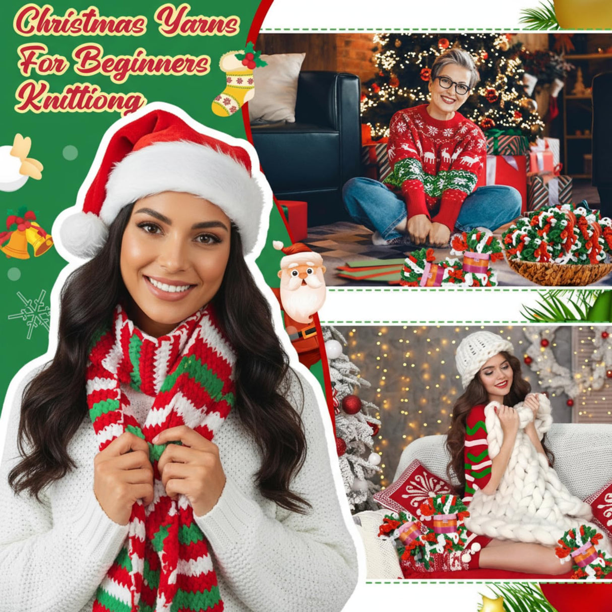 Threlaco 6 Skeins Christmas Loop Yarn Finger Loops Yarn Bulk Soft Chunky Yarns 600 g for Christmas Yarns Beginners Knitting No Needles or Hooks Crochet Gift Craft (Red, White, Green)