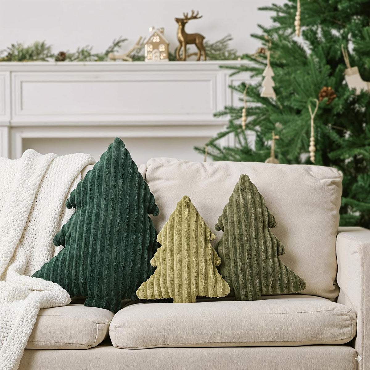 Christmas Decorations Plush Throw Pillows: Soft Green Velvet Christmas Tree Shaped Pillow, Cute Rustic Stuffed Cushion Xmas Decor Indoor for Kids Home Sofa Bed Couch Office Couch Living Room, Set of 3