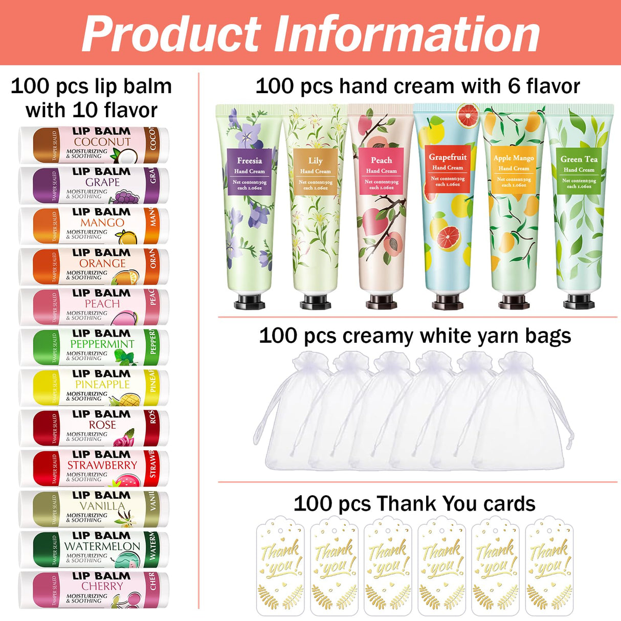 AZEN 100 Sets Hand Cream and Lip Balm Set with Organza Bag Thank You Card, Baby Shower Wedding Gifts for Guests, Bridal Souvenirs for Colleagues Employee Coworkers, Party Favor for Female Friends