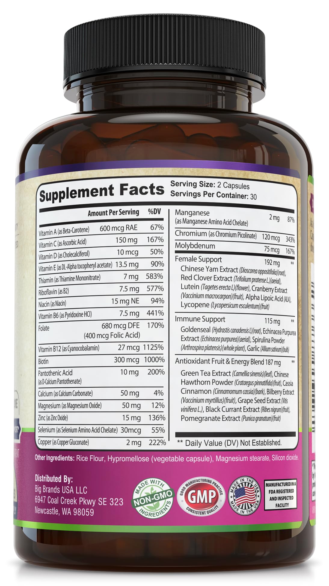 Womens Daily Multivitamin Multimineral Supplement for Energy, Mood, Focus, Hair, Skin & Nails. Made for Women with 30+ Nutrients, Fruit & Energy Blend. Womens Vitamins 60 Capsules. Made in the USA.