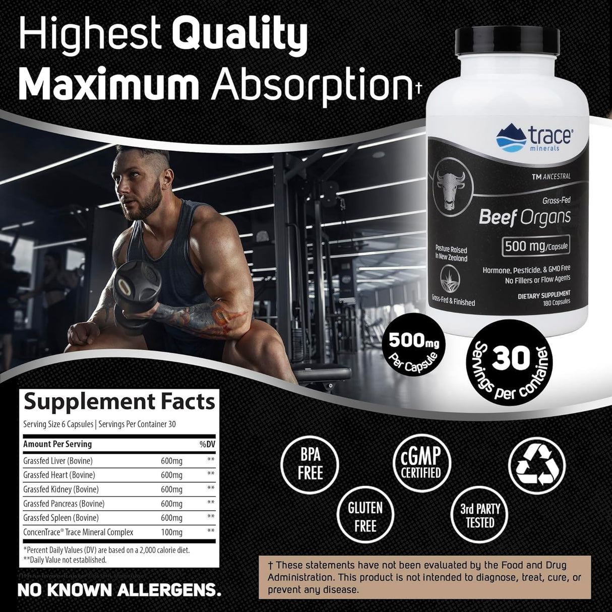 Trace Minerals Beef Organ, 600mg - Bone & Energy Health Support Supplement - Nutritional Supplement Aids Healthy Organs - Healthy Hearth & Immunity Support with Minerals - 180 Capsules (30 Servings)