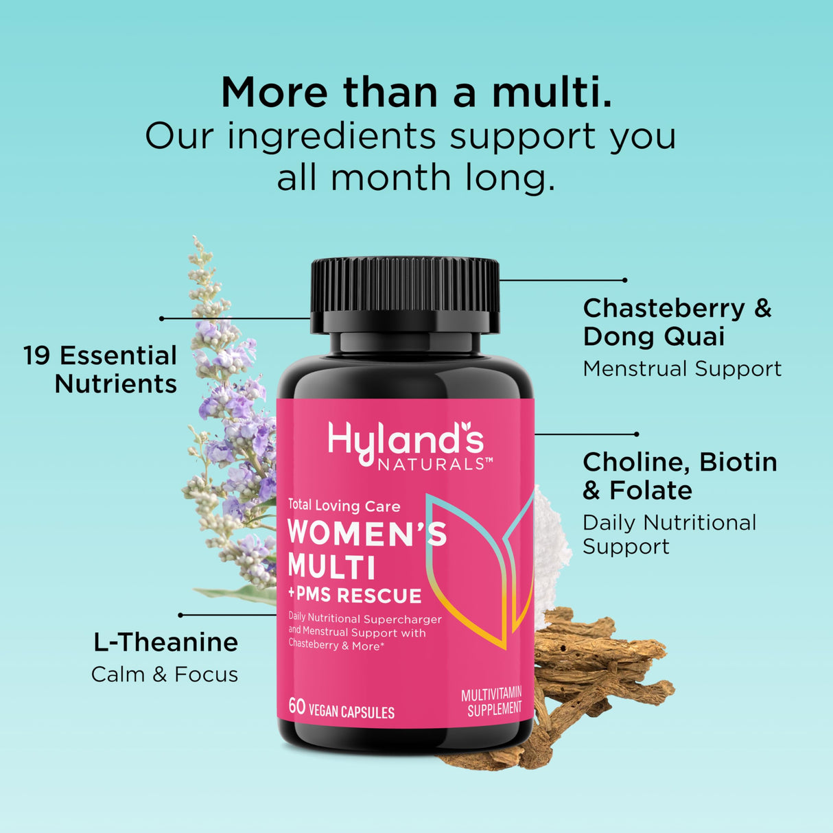 Hyland's Total Loving Care Multivitamin for Women and PMS Rescue, 60 Vegan Capsules with L-Theanine for Focus and Stress Relief Support with Chasteberry and Dong Quai for Menstrual Support