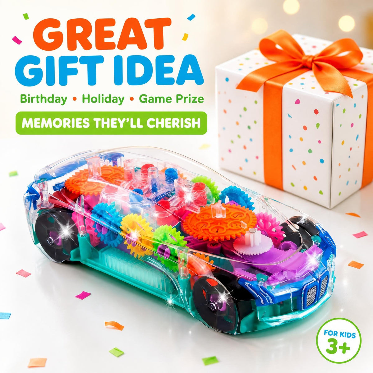 ArtCreativity Light-Up Transparent Sensory Car Toy, Bump-and-Go, Ages 3+