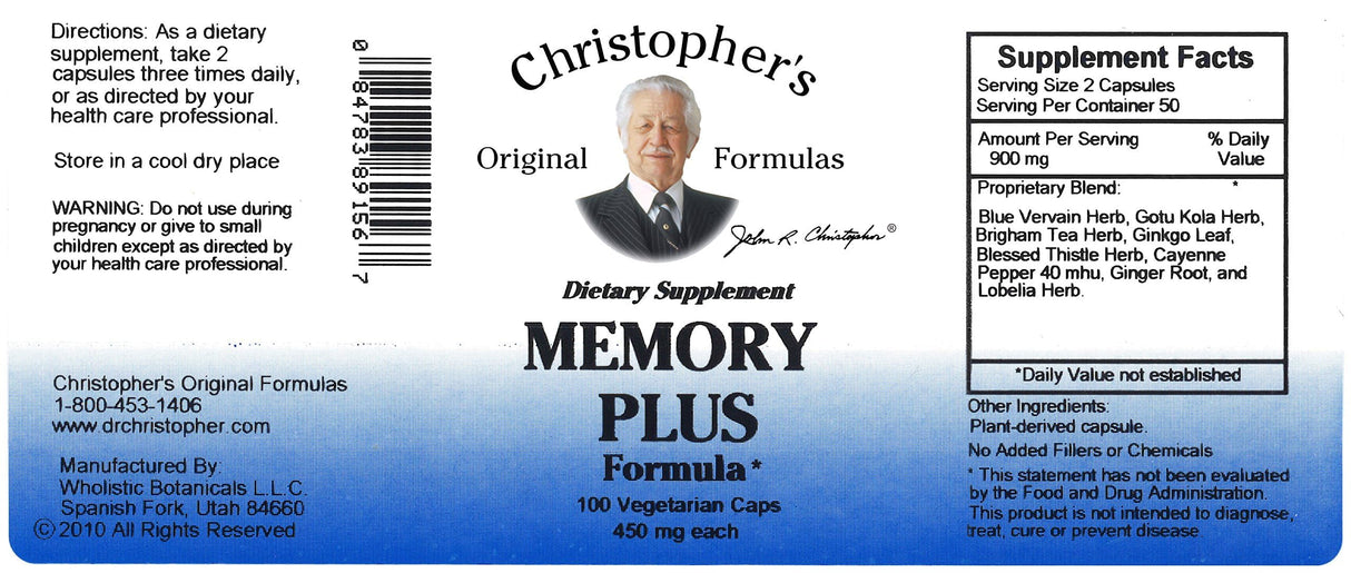 Christopher's Original Formulas Memory Plus Herbal Blend - Brain Supplements for Memory & Focus - Supports Cognitive Function, Energy, & Alertness