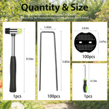 202Pcs Garden Stake Staple kit, 100Pcs 6-inch U-Shaped Landscape Staples, 100 Fixing Gasket, Pick Hook, Rubber Mallet Used for for Weed Barrier Fabric, Ground Cover, Holding Fence and Artificial Turf