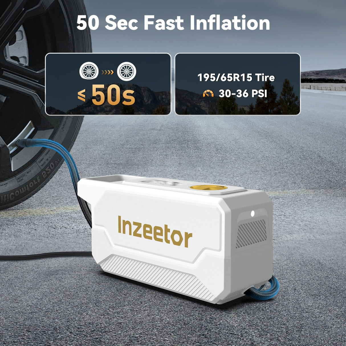 Inzeetor 150 PSI Tire Inflator Portable Air Compressor, 12V DC Auto Shutoff Air Pump with Digital Pressure Gauge and Emergency LED Light for Car Tires, Bicycle & Balloons, White