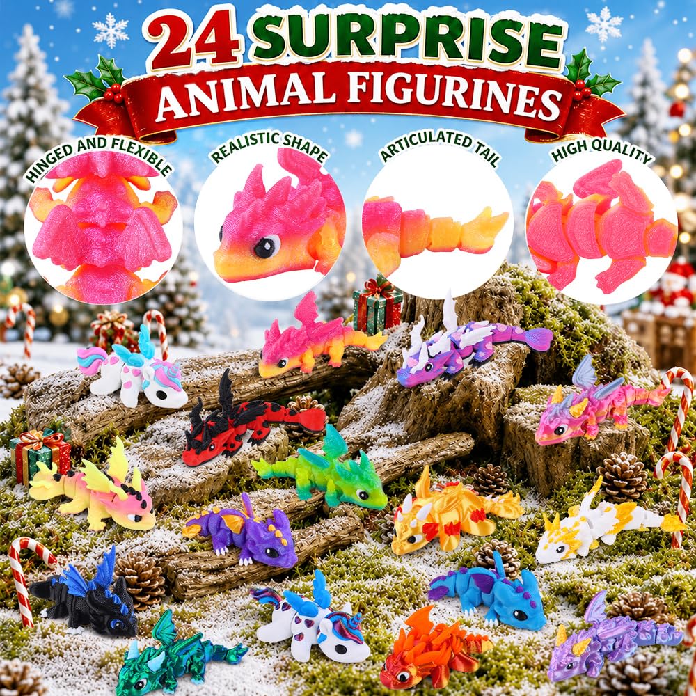 JOICEE 2026 Christmas Advent Calendar with Mini 3D Printed Dragon Animals