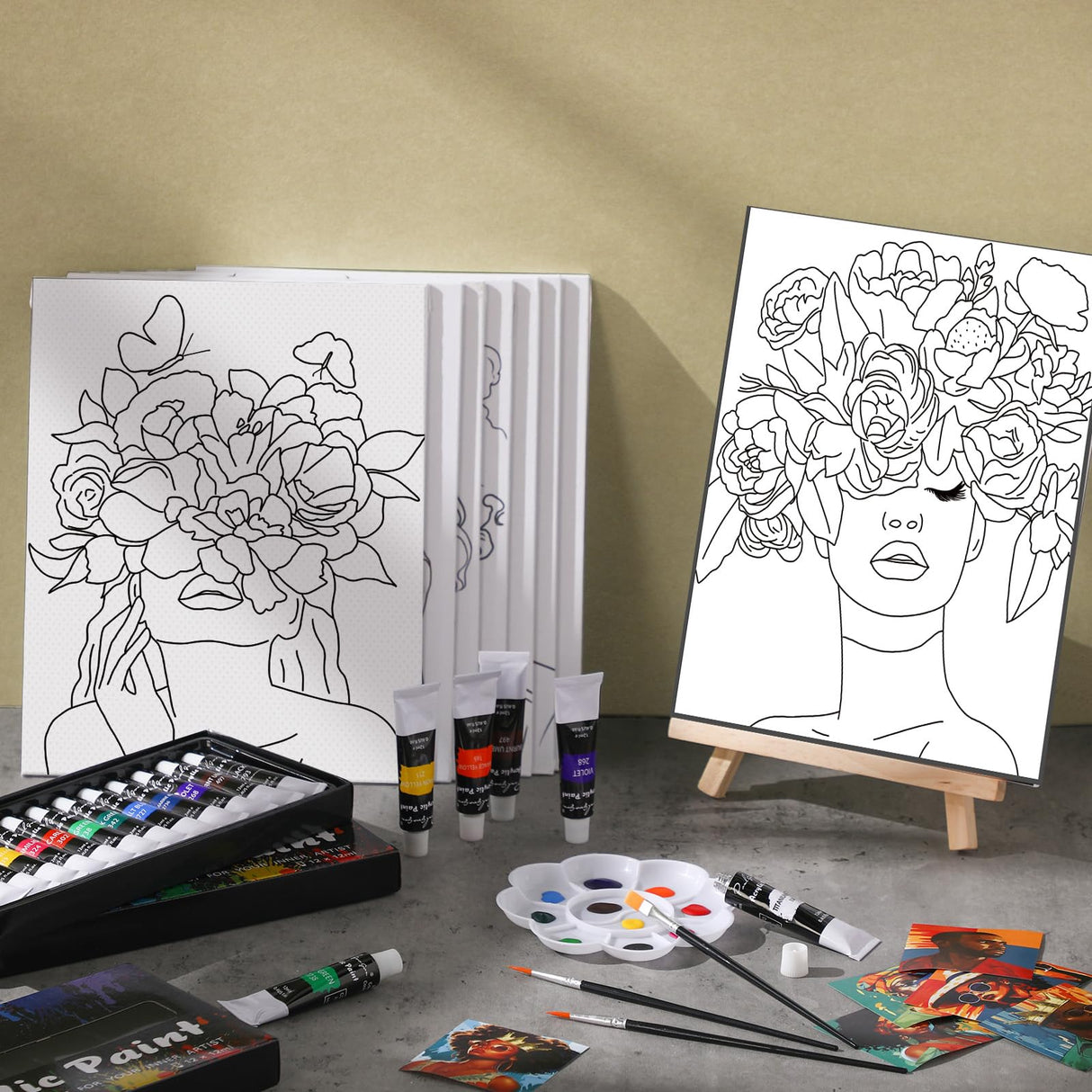 Cholemy 36 Pcs Paint and Sip Kit for Adults 8''x10'' Pre Drawn Canvas for Painting DIY Afro Acrylic Painting Kit Wood Easel Brushes Date Night Bulk for Christmas Party Gifts(Flower Lady)