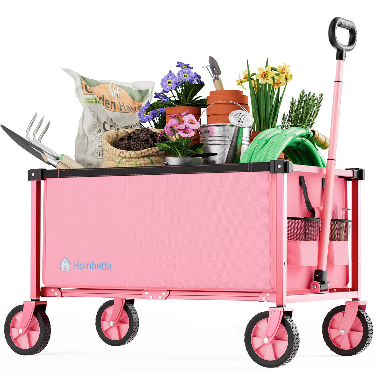 HOMBETTA 29.3" Collapsible Wagon Cart, 150L Heavy Duty Folding Utility Wagon with Wheels, 260 lbs Load, Portable Rolling Cart for Garden, Shopping, Sports, Camping, Pink