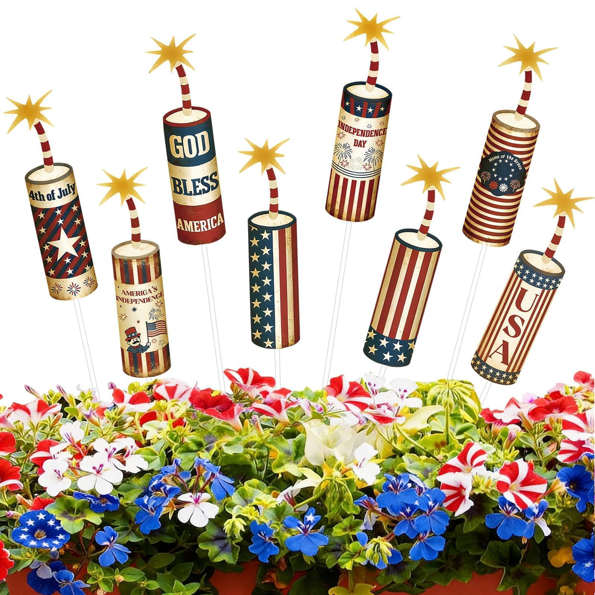 8 Pcs 4th of July Metal Firework Garden Stakes, American Flag Yard Sign, Patriotic Independence Day Memorial Day Decor for Outdoor Lawn, Yard, Garden, Walkway (Fireworks)